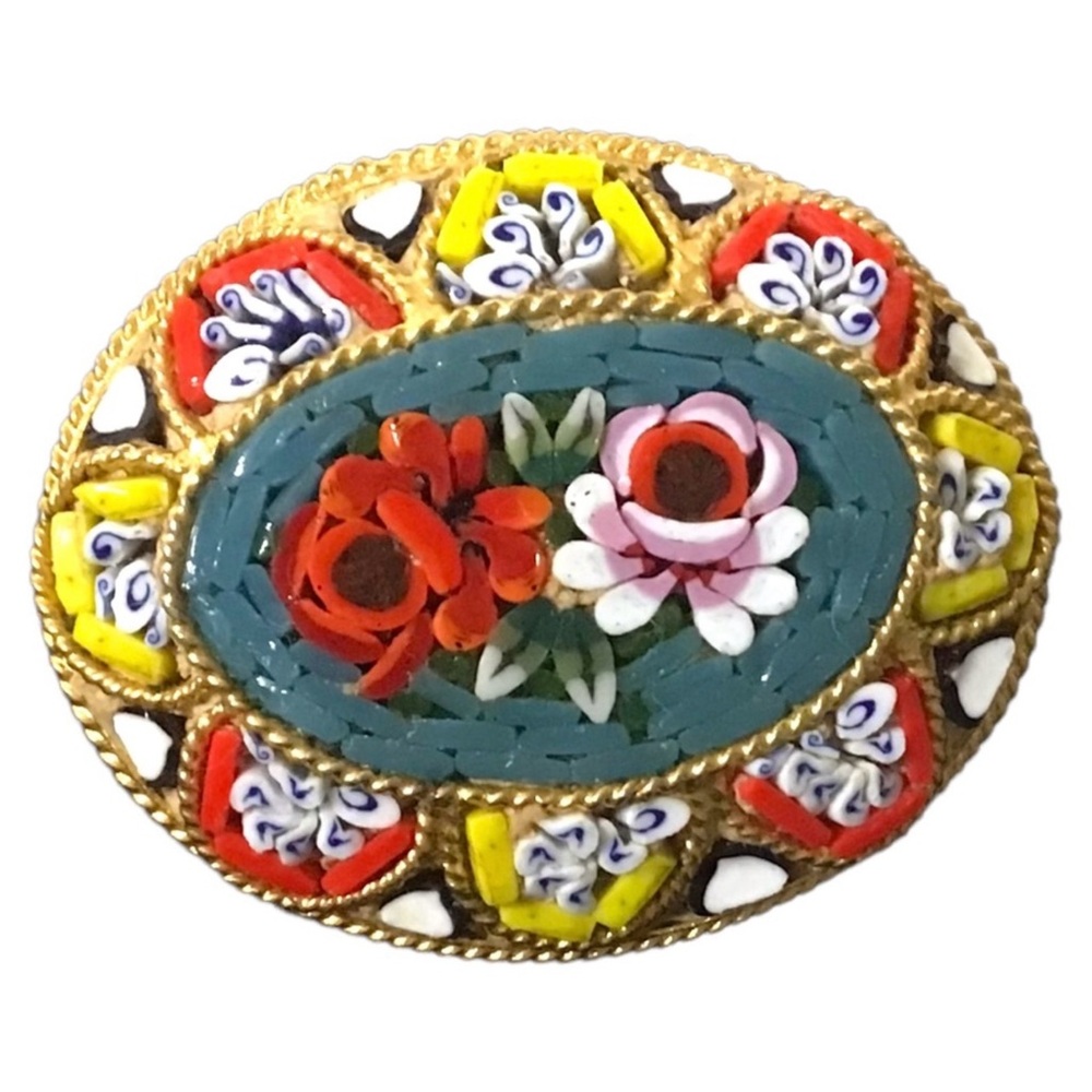 Vintage Micro-mosaic colourful floral brooch signed Italy